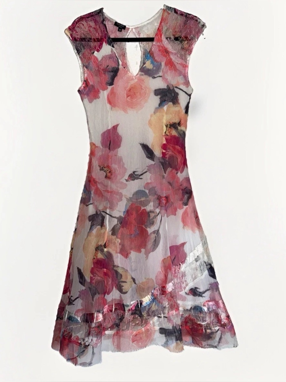 Komarov Pink Red Floral Dream Lace Keyhole Cap Sleeve Charmeuse Midi Tea Dress M